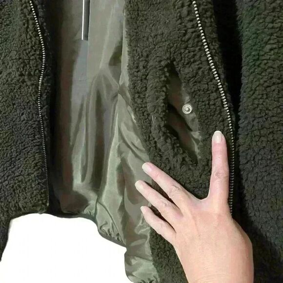 Reternity Deep Pile Jacket S Olive Green Cozy Fleece Standing Collar Pockets NWT - Picture 9 of 12